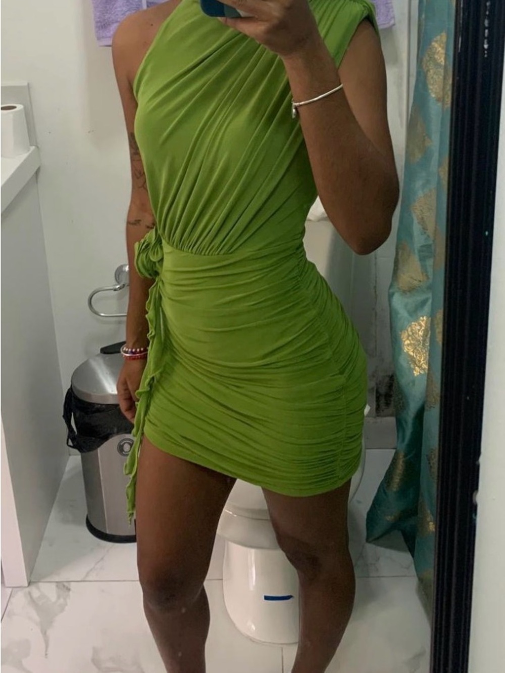 SHEIN Lime Green One-Shoulder Ruched Mini Dress